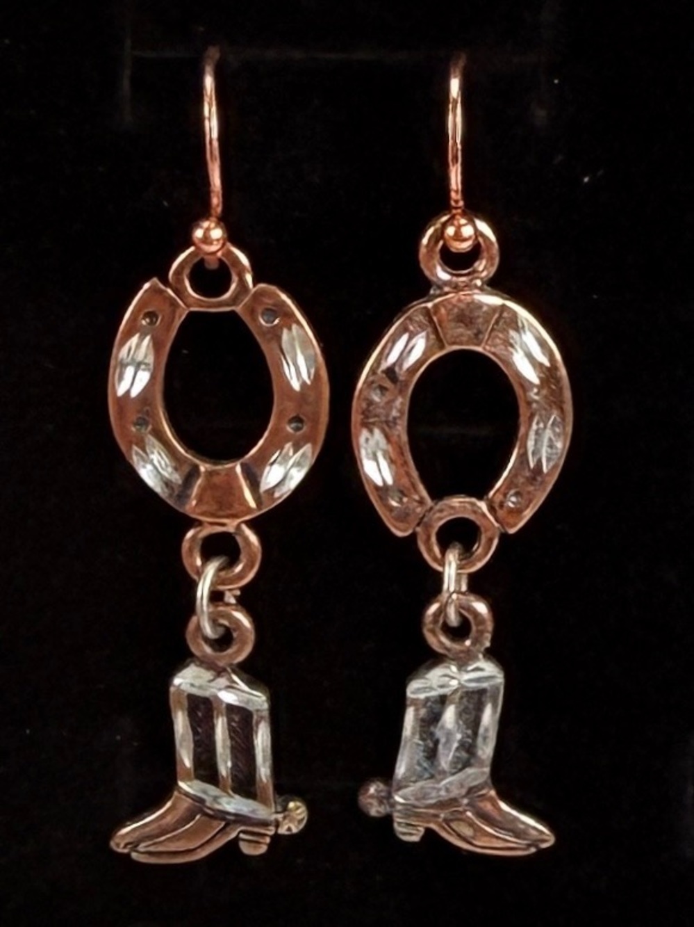 Southwestern chic, coppertone, etched boot charm pierced earrings